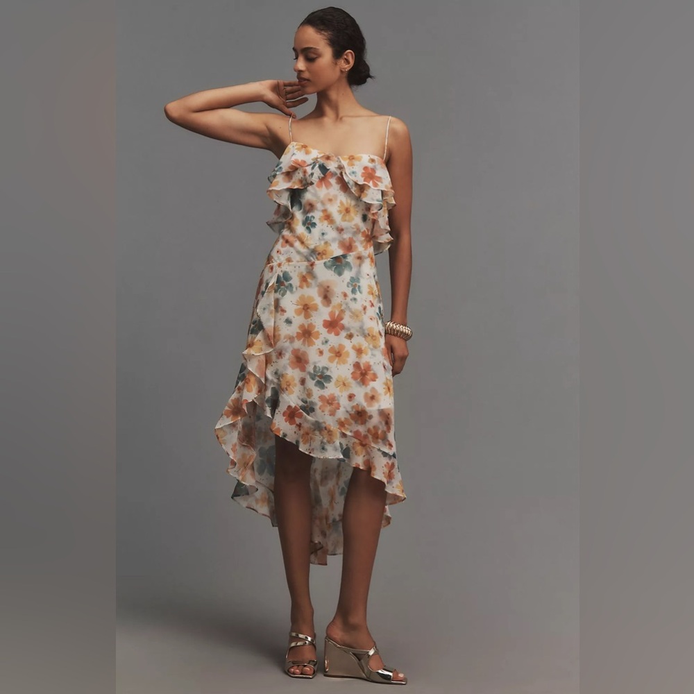 Anthropologie Floral Sleeveless Asymmetric Ruffled Midi Dress 9H412 Size SMALL